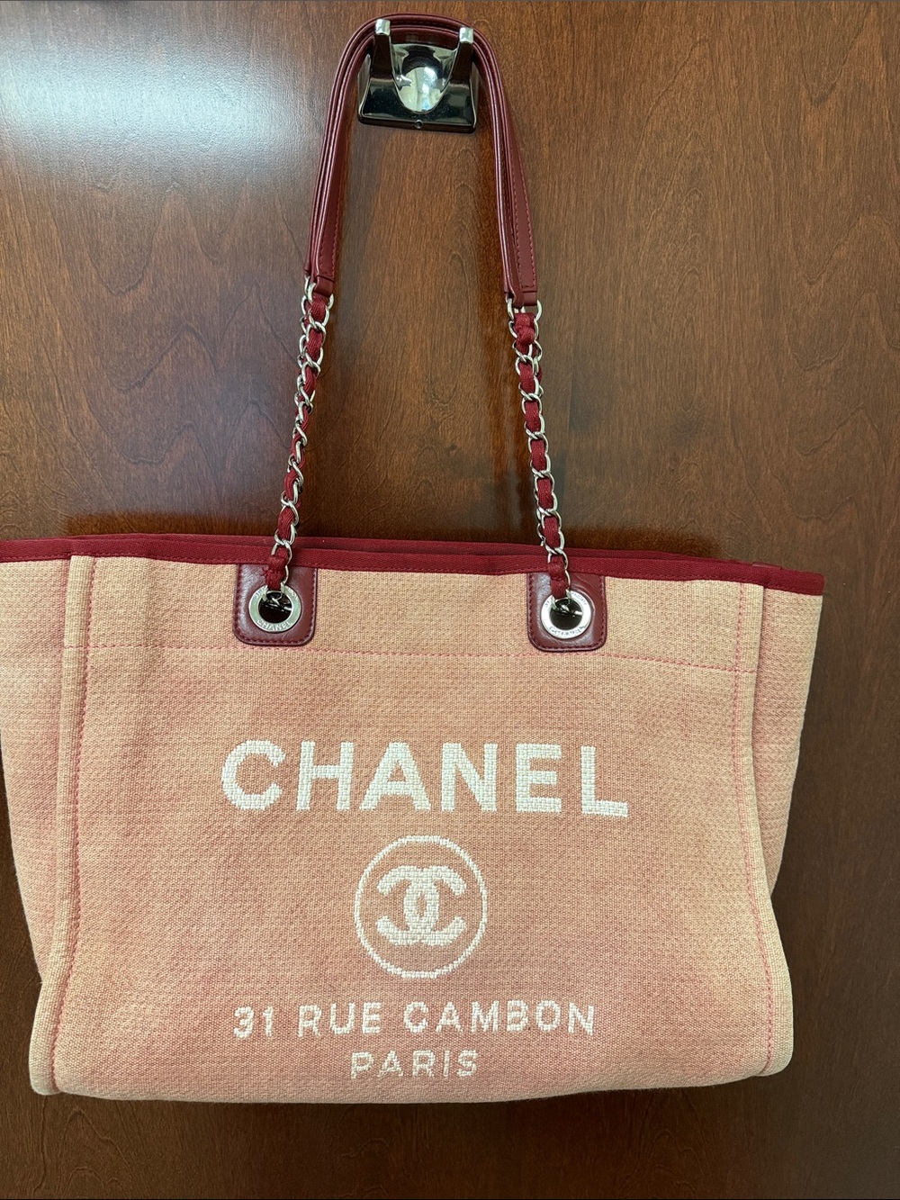 CHANEL Pink Canvas Tote with Burgundy Trim and Chain Handles